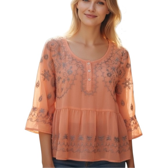 Free People Peach/Salmon Embroidered Peplum Blouse - Picture 1 of 10